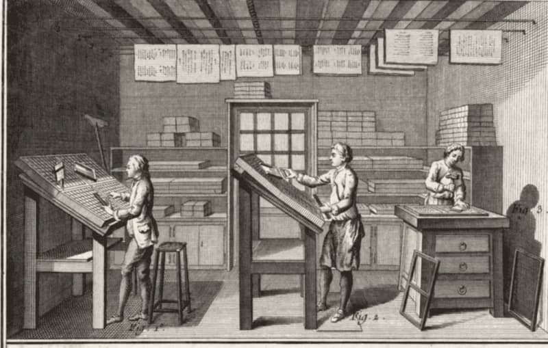 «Imprimerie en Lettres, l'Opération de la Casse»: a oficina de um impressor, estampa da Encyclopédie de Diderot e d'Alembert, 1769.